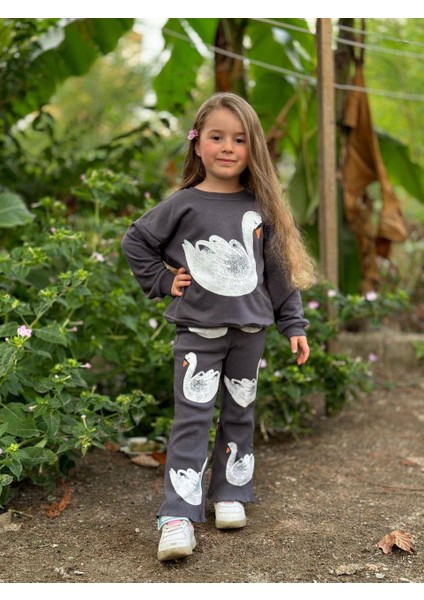 Kabartma Kuğu Baskılı Kız Çocuk Eşofman Takım Alt Fitilli Tayt