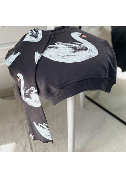 Kabartma Kuğu Baskılı Kız Çocuk Eşofman Takım Alt Fitilli Tayt modelleri