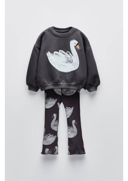 Kabartma Kuğu Baskılı Kız Çocuk Eşofman Takım Alt Fitilli Tayt fırsatları