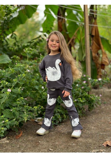 Kabartma Kuğu Baskılı Kız Çocuk Eşofman Takım Alt Fitilli Tayt indirimleri