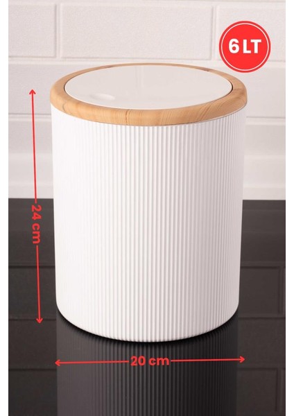 Sallanır Kapaklı ve Bambu Desen Detaylı Banyo ve Mutfak Tezgah Üstü Çöp Kovası 6 Lt Beyaz