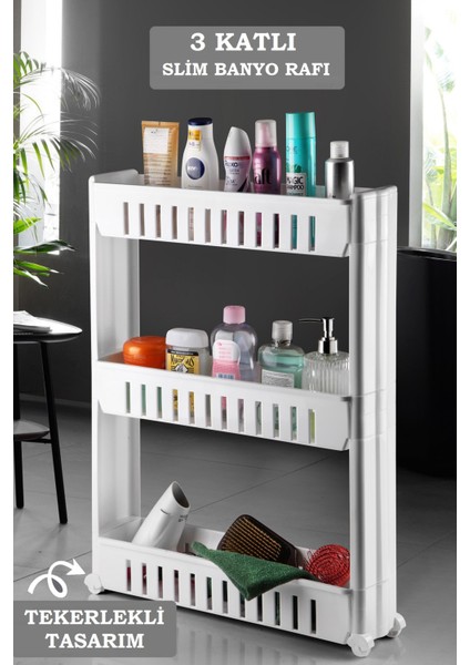 Fiore 3 Katlı Tekerlekli Banyo Düzenleyici Raf Ünitesi – Çok Amaçlı Dikdörtgen Slim Banyo Organizer