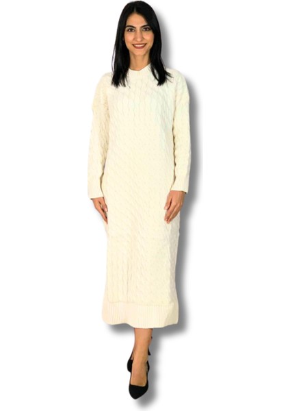 Bsiklet Yaka Saç Örgülü Triko Midi Elbise (Beyaz)