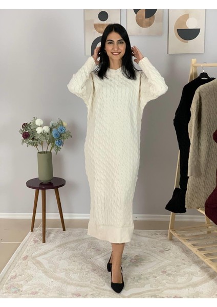 Bsiklet Yaka Saç Örgülü Triko Midi Elbise (Beyaz) indirimleri