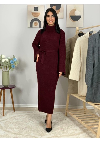 Uzun Kollu Balıkçı Yaka Kemer Detaylı Triko Rahat Kesim Midi Elbise (Bordo) indirimleri