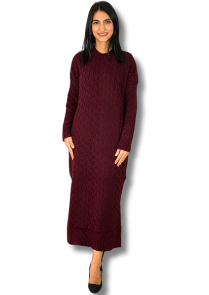 Bsiklet Yaka Saç Örgülü Triko Midi Elbise (Bordo)