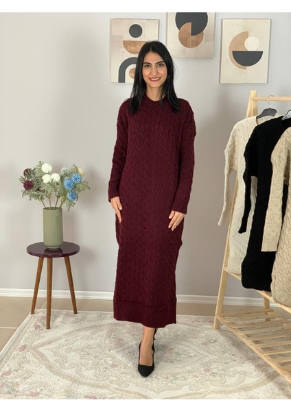 Bsiklet Yaka Saç Örgülü Triko Midi Elbise (Bordo) fiyatları
