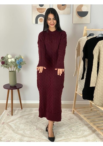 Bsiklet Yaka Saç Örgülü Triko Midi Elbise (Bordo) modelleri