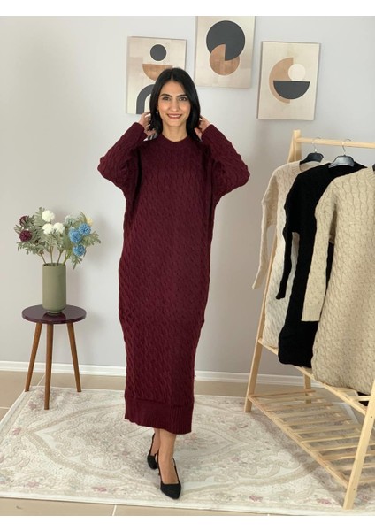 Bsiklet Yaka Saç Örgülü Triko Midi Elbise (Bordo) fırsatları