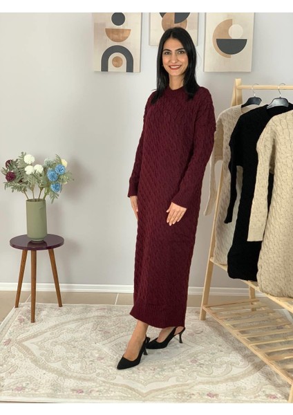 Bsiklet Yaka Saç Örgülü Triko Midi Elbise (Bordo) indirimleri
