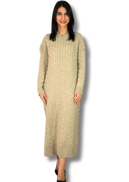 Bsiklet Yaka Saç Örgülü Triko Midi Elbise (Taş)