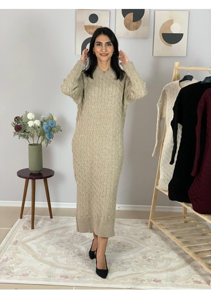 Bsiklet Yaka Saç Örgülü Triko Midi Elbise (Taş) fiyatları