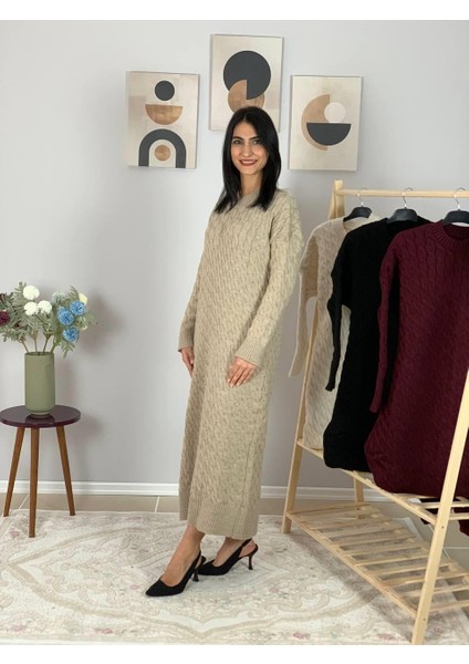 Bsiklet Yaka Saç Örgülü Triko Midi Elbise (Taş) modelleri