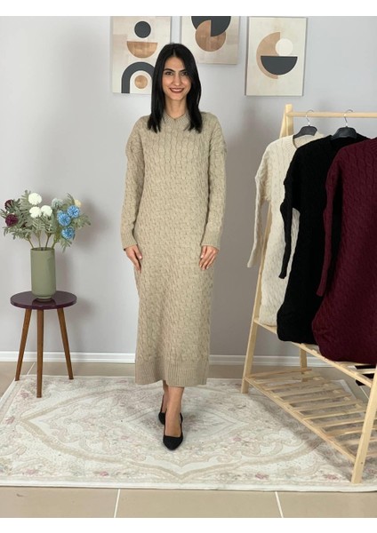 Bsiklet Yaka Saç Örgülü Triko Midi Elbise (Taş) fırsatları