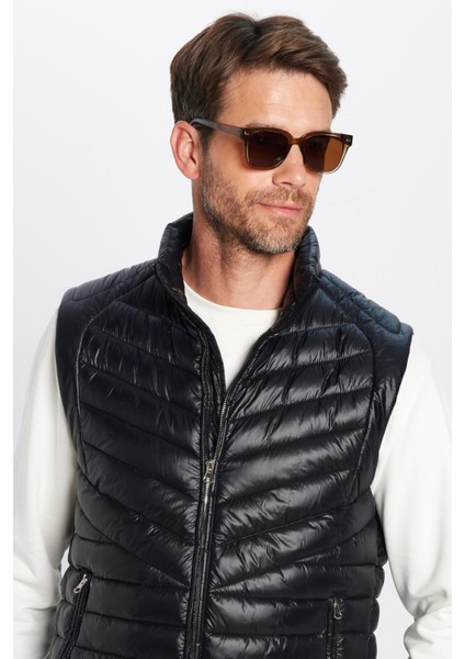 Erkek Standart Fit Dik Yaka Cepli Fermuarlı Siyah Şişme Yelek