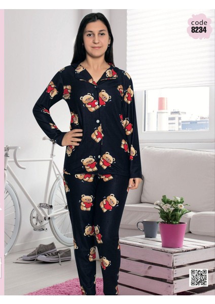 Kız Çocuk Pamuklu Süet Lacivert Sevimli Ayıcık Desenli Gömlek Yaka Boydan Düğmeli Uzun Kollu Pijama Takımı M8234