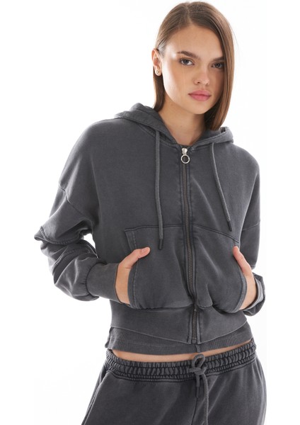 Kadın Kapüşonlu /fermuarlı /kanguru Cepli /crop /yıkamalı Vintage Soluk Efektli /sweatshirt /hoodie