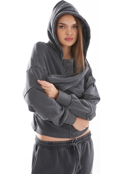 Kadın Kapüşonlu /fermuarlı /kanguru Cepli /crop /yıkamalı Vintage Soluk Efektli /sweatshirt /hoodie fiyatları