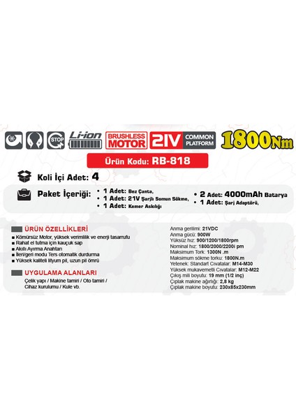 1/2 1600 Nm 21V Şarjlı Somun Sökme