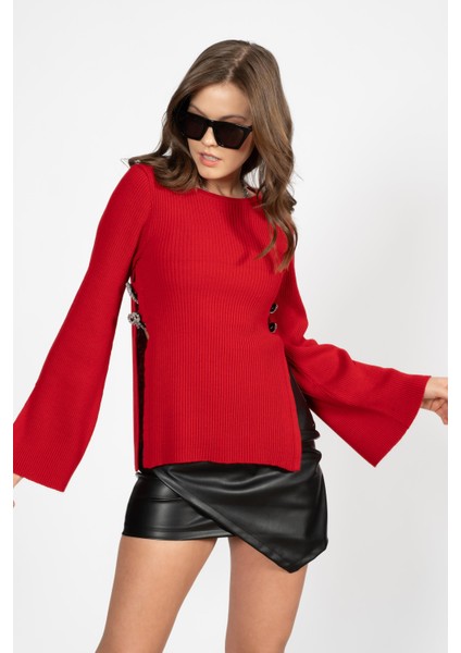 Rtd&vld Kadın VITA-S53 Taşlı Kolu Yırtmaçlı Bluz Kırmızı