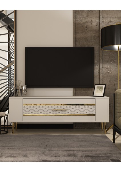 RETROLP2CT Tv Sehpası Beyaz-Altın