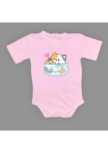 Akvaryum Kedi Baskılı Bebek Çıtçıtlı Body Uzun Kısa Kolsuz
