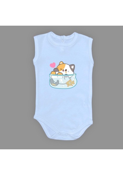 Akvaryum Kedi Baskılı Bebek Çıtçıtlı Body Uzun Kısa Kolsuz