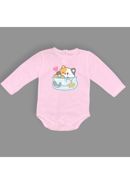 Akvaryum Kedi Baskılı Bebek Çıtçıtlı Body Uzun Kısa Kolsuz