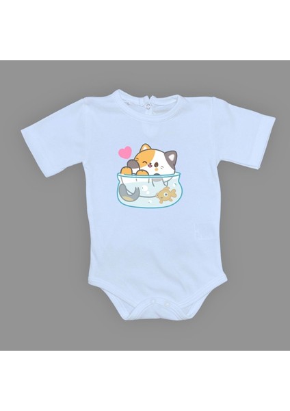 Akvaryum Kedi Baskılı Bebek Çıtçıtlı Body Uzun Kısa Kolsuz