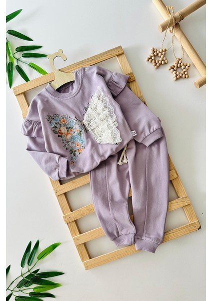 Kelebek Tül Detaylı Kız Bebe 2 li takım - Lila