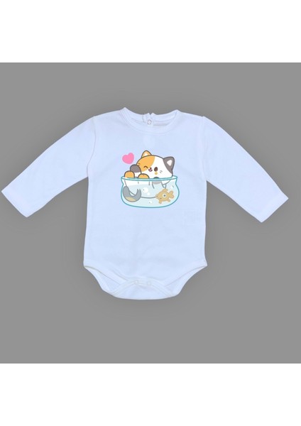 Akvaryum Kedi Baskılı Bebek Çıtçıtlı Body Uzun Kısa Kolsuz