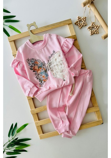 Kelebek Tül Detaylı Kız Bebe 2 li takım - Pembe