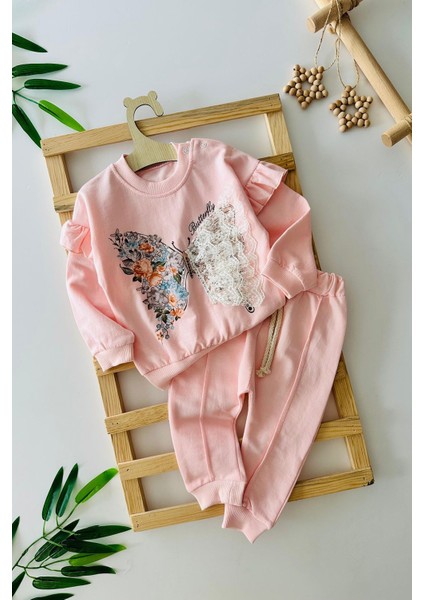 Kelebek Tül Detaylı Kız Bebe 2 li takım - Somon