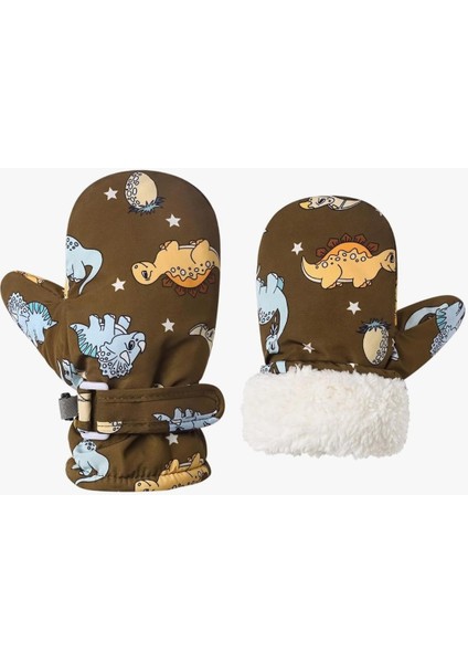 Kahverengi Dinolar Sıcacık Tutan Içi Kürklü Su Geçirmez Erkek Çocuk Eldiven