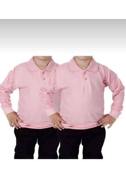 Unısex Çocuk Polo Yaka Düz Renk Uzun Kol 2'li Normal Kalıp Okul