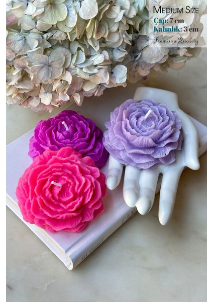 3'lü Set - Pembe, Mor, Lila Renk Exotic Kokulu Dekoratif Şakayık Çiçeği Mumu - Çap 7, Yükseklik 3 C