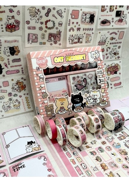 Cat Dessert Sevimli Kedicik Washi Bantlı Post-Itli Sticker Set /scsrapbook/bullet Journal