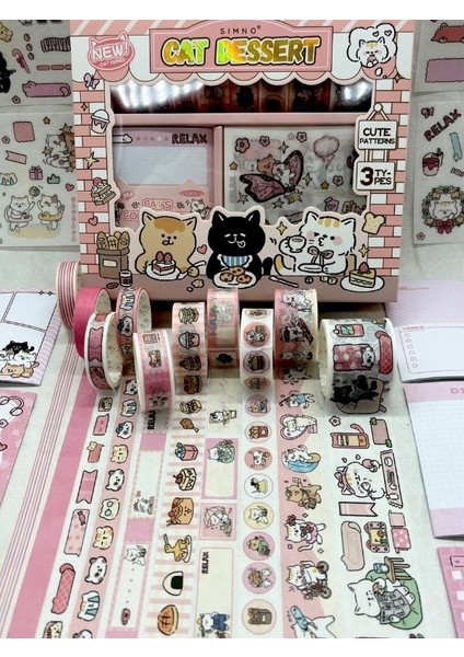 Cat Dessert Sevimli Kedicik Washi Bantlı Post-Itli Sticker Set /scsrapbook/bullet Journal