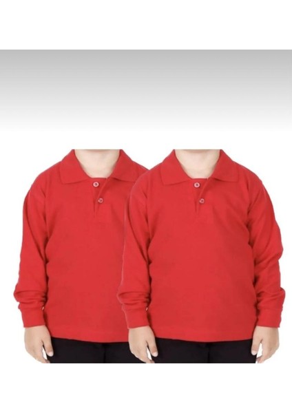 Unısex Çocuk Polo Yaka Düz Renk Uzun Kol 2'li Normal Kalıp Okul