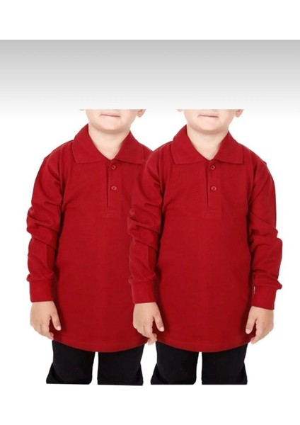 Unısex Çocuk Polo Yaka Düz Renk Uzun Kol 2'li Normal Kalıp Okul