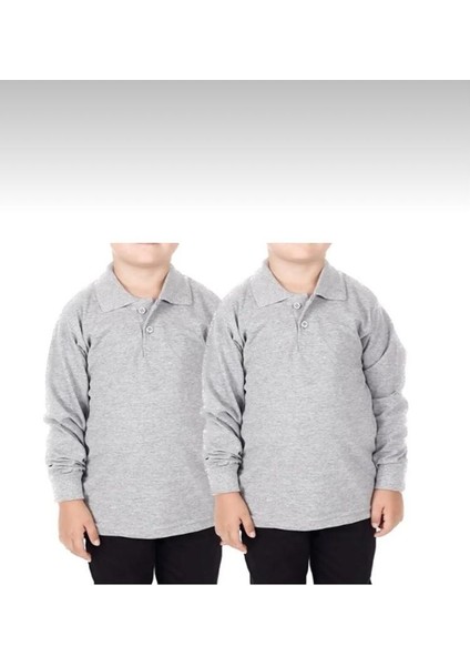 Unısex Çocuk Polo Yaka Düz Renk Uzun Kol 2'li Normal Kalıp Okul