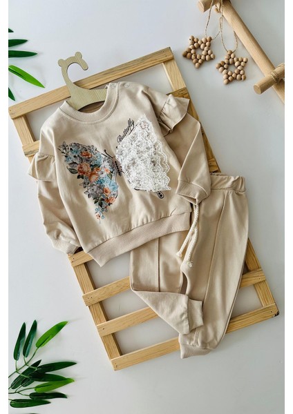 Kelebek Tül Detaylı Kız Bebe 2 li takım - Bej