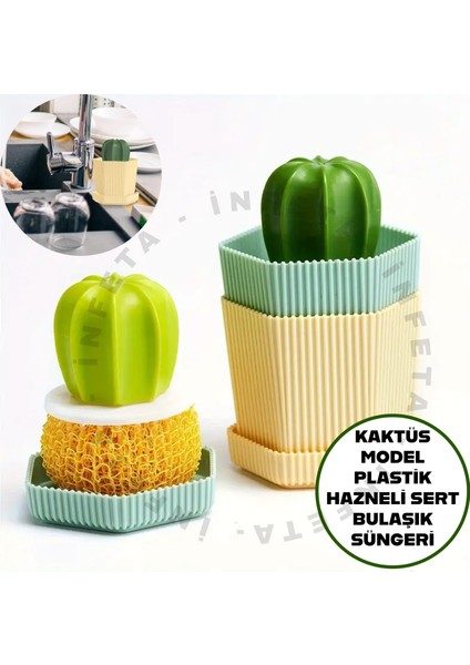 Kaktüs Model Saplı Sert ve Renkli Plastik Plastik Tabaklı Hazneli Bulaşık Fırçası