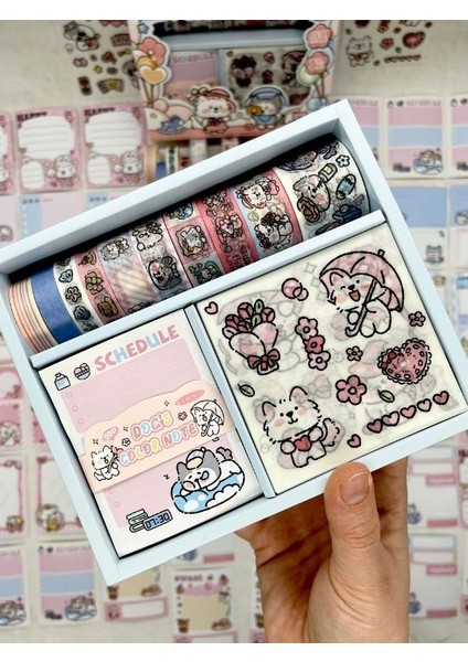Puppy Garden Sevimli Köpekçik Washi Bantlı Post-Itli Sticker Set/scsrapbook/bullet Journal