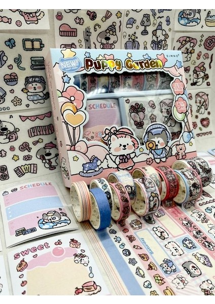 Puppy Garden Sevimli Köpekçik Washi Bantlı Post-Itli Sticker Set/scsrapbook/bullet Journal