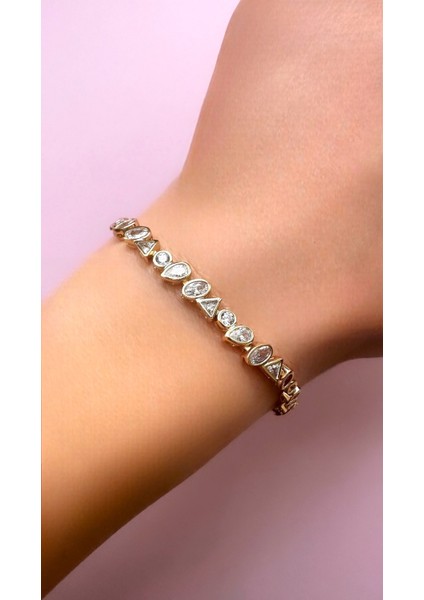 Zirkon Taş Şekilli Su Yolu 14 Ayar Soft Rose-Gold Micron Altın Kaplama Bileklik
