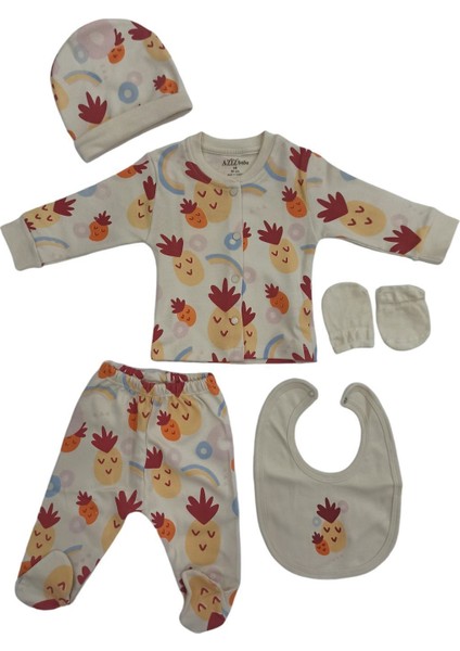 Ananas Desenli 5'li Bebek Hastane Çıkışı Zıbın Seti (5 Parca)