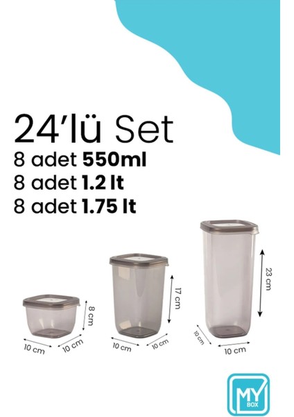 24'lü Set Etiketli Kare Erzak Saklama Kabı - Bakliyat Saklama Kutusu Baharatlık 8x(550-1200-1750 ML)