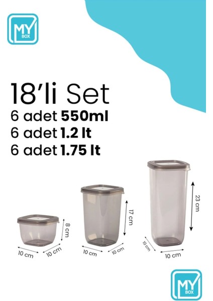 18'li Set Etiketli Kare Erzak Saklama Kabı - Bakliyat Saklama Kutusu Baharatlık 6x(550-1200-1750 ML)