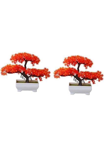2 Adet Yapay Bitki Bonsai Plastik Küçük Ağaç Saksı Sahte Çiçek Saksı Süsleri Ev Odası Masası, Akşam Kırmızısı (Yurt Dışından)
